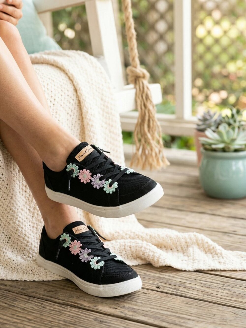 Maui & Sons Black Sneakers w/ Pastel Daisy Eyelets - Picture 12 of 12